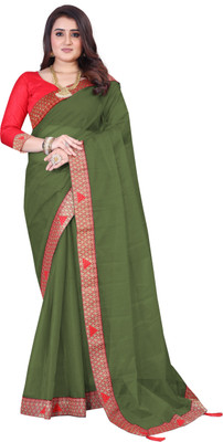 GAVUBAA Temple Border, Solid/Plain Bollywood Net Saree(Dark Green)