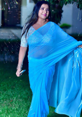 kashvi sarees Solid/Plain Bollywood Georgette Saree(Light Blue)