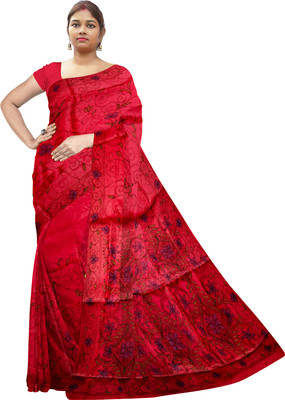SHRISTI CLOTHINGS Printed Kantha Silk Blend Saree(Red)