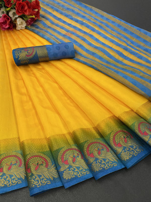 womensaree Woven Kanjivaram Silk Blend Saree(Blue, Yellow)