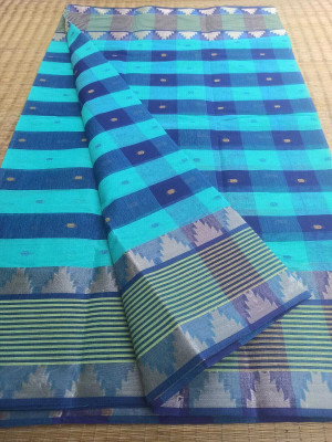 Dristikone Checkered Tant Pure Cotton Saree(Light Blue)