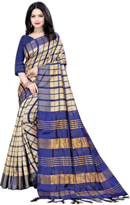 Jyanshu Creation Checkered Daily Wear Cotton Silk Saree(Dark Blue)