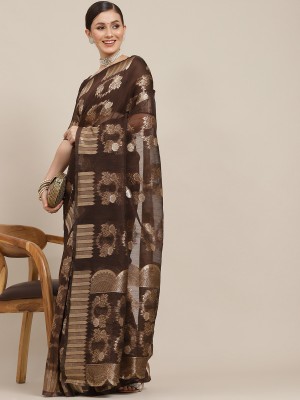 Sareemall Woven Chanderi Cotton Blend Saree(Brown)