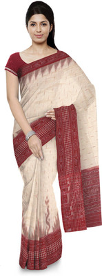 handloom paridhaan Woven Ikkat Pure Cotton Saree(White)