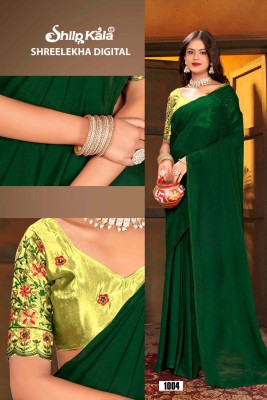 SHILPKALA Solid/Plain Daily Wear Chiffon Saree(Dark Green)