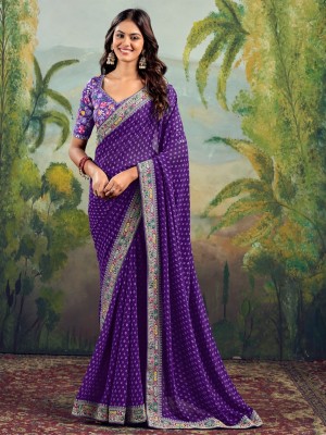 Chudiya Printed Bandhani Chiffon Saree(Purple)