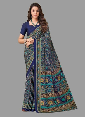 Swarne Floral Print Bollywood Crepe Saree(Dark Blue)