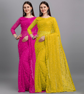 LOROFY Self Design Bollywood Net, Brasso Saree(Pack of 2, Multicolor)