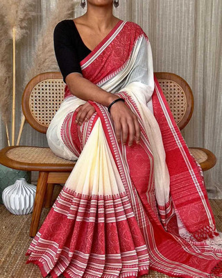 UR Affection Self Design Handloom Pure Cotton Saree(Red, White)