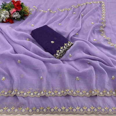 KanjiQueen Embroidered Saree with Attached Blouse Chiffon, Silk Blend Saree(Purple)
