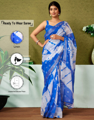 Samah Floral Print, Geometric Print, Embellished Bollywood Linen Saree(White, Blue)