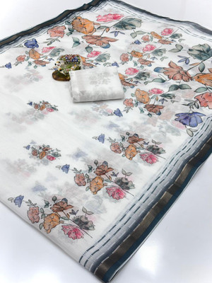 SDGRATITUDE Floral Print, Printed, Digital Print Daily Wear Cotton Linen, Linen Saree(White, Black)