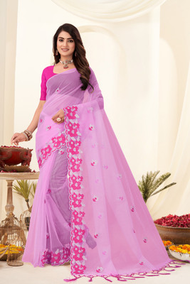 ChamundaTrends Embroidered, Floral Print Bollywood Supernet Saree(Purple)