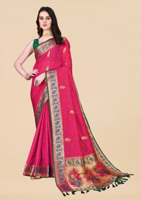 Bansari Textiles Woven Banarasi Jacquard, Cotton Silk Saree(Pink)