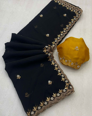 foundland Embellished Assam Silk Georgette Saree(Black)