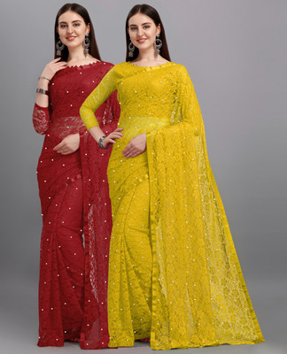 LOROFY Self Design Bollywood Net Saree(Pack of 2, Yellow, Maroon)