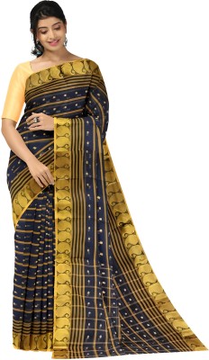 J KunduHouse Woven Tant Pure Cotton Saree(Blue)