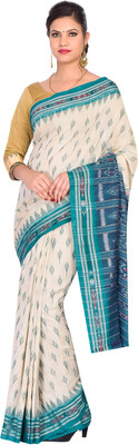 handloom paridhaan Self Design Handloom Pure Cotton Saree(Cream, Green)