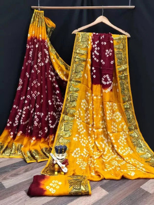 rajranitextiles Hand Painted Bandhani Georgette Saree(Yellow)