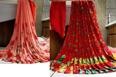 Sitanjali Floral Print Daily Wear Georgette Saree(Pack of 2, Red)