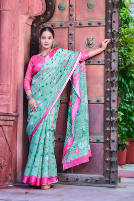 Moda Rapido Printed Daily Wear Cotton Linen Saree(Light Green)