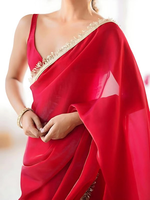 HfLifeStyle Solid/Plain Bollywood Chiffon Saree(Red)