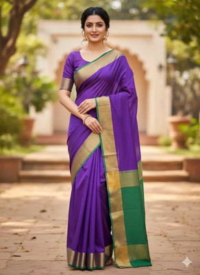 VINEETA Solid/Plain, Woven Daily Wear Handloom Cotton Silk Saree(Purple, Light Blue)