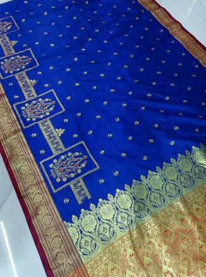 AFIFA CREATION Embroidered Banarasi Handloom Satin Saree(Blue)