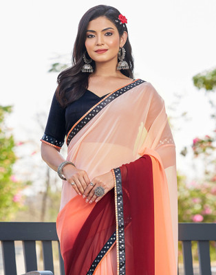 Samah Ombre, Solid/Plain, Embellished Bollywood Georgette Saree(Orange, Maroon)