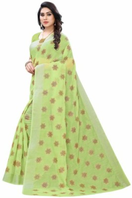 Suali Floral Print Bollywood Cotton Silk Saree(Green)