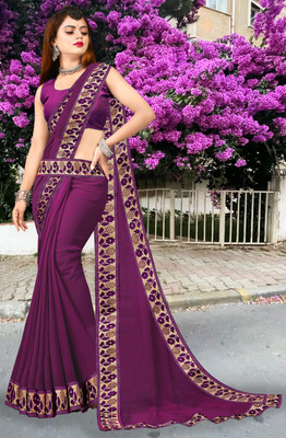 Suvali Fashion Solid/Plain Banarasi Lycra Blend, Chiffon Saree(Purple)