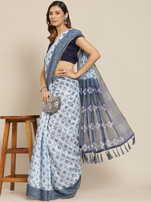 SILK ZONE Digital Print Chanderi Cotton Blend Saree(Grey)
