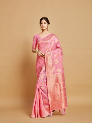 ishika fab Woven Kanjivaram Linen Saree(Pink)