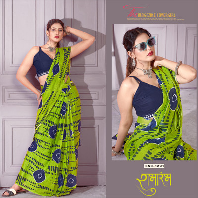 JASU CREATION Printed Bandhani Pure Cotton Saree(Green, Blue)