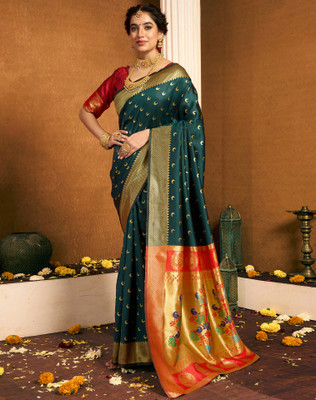Divastri Woven, Embellished Paithani Silk Blend, Jacquard Saree(Green)