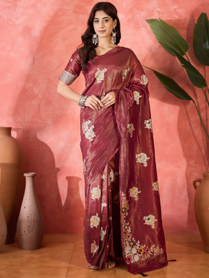 Sangria Self Design Saree with Attached Blouse Silk Blend Saree(Red)