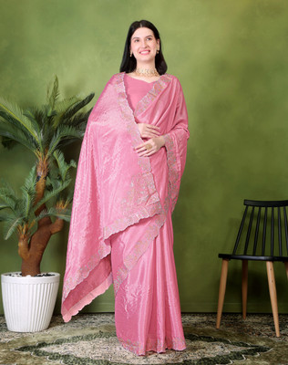 BORADA FAB Embroidered Saree with Attached Blouse Georgette Saree(Pink)