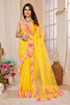 KISSAH Embellished Bollywood Net Saree(Yellow)