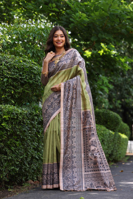 Tasrika Printed Kalamkari Tussar Silk Saree(Green)