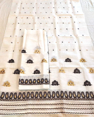 white desert Self Design Mekhela Chador Cotton Silk Saree(White)