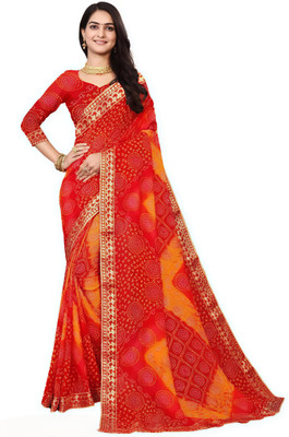 Grubstaker Printed Bandhani Georgette Saree(Orange)