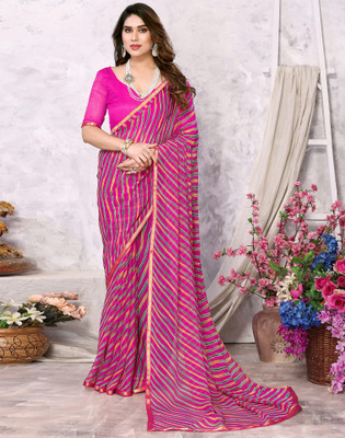 Samah Geometric Print, Printed, Embellished Leheria Chiffon Saree(Pink, Multicolor)
