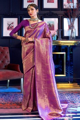 SWORNOF Embroidered, Self Design Kanjivaram Jacquard, Silk Blend Saree(Purple)