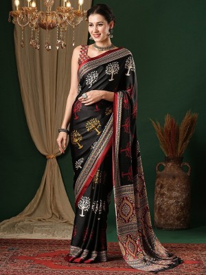 ANOUK Printed Daily Wear Pure Cotton Saree(Black)