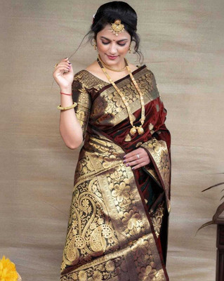 KANGLI Woven Banarasi Cotton Silk Saree(Maroon, Gold)