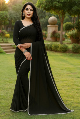Priere Solid/Plain Bollywood Georgette Saree(Black)