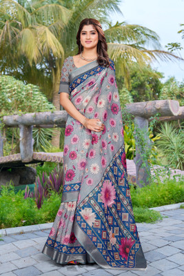 Vinayak Textile Printed Bollywood Linen Saree(Grey)