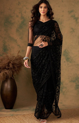 harlin Embroidered Bollywood Net Saree(Black)