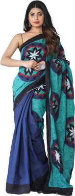 Tropwear Printed, Self Design, Digital Print, Hand Painted, Blocked Printed Sambalpuri Pure Cotton Saree(Blue)