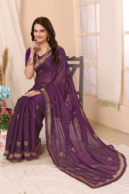 FABMORA Embroidered Bollywood Chiffon Saree(Purple)